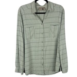 Chico's Casual Gray Striped Roll Up Sleeve Button-Up Blouse Size 3